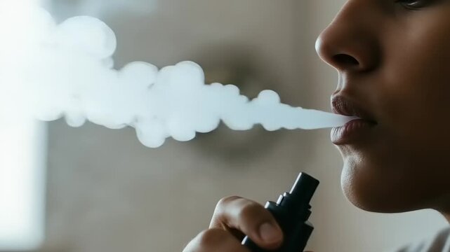 Person vaping, producing smoke.
