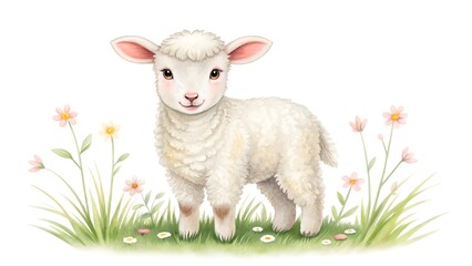 Obraz premium Adorable watercolor painting of a fluffy white lamb in a field of wildflowers