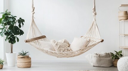 Obraz premium A cream-colored hammock hangs indoors, adorned with plush cushions, nestled amidst potted plants and minimalist d?cor, creating a serene and relaxing atmosphere
