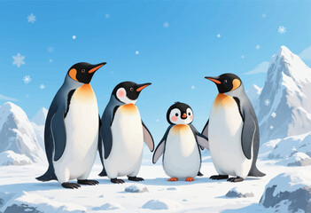 Fototapeta premium Penguins in Snowy Antarctic Landscape with Family