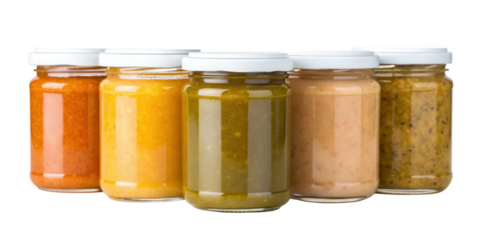 Array of colorful baby food jars with natural ingredients and pureed textures ready to nourish infants