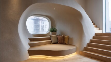 Reading nest built into rounded wall recess upholstered in tri-tone felt with sculptural form lighting from below and subtle