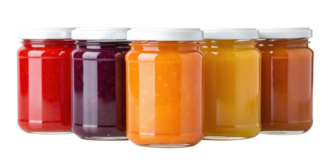 Assortment of colorful homemade jam and jelly in glass jars with white lids is on display
