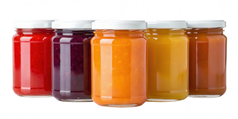 Assortment of colorful homemade jam and jelly in glass jars with white lids is on display