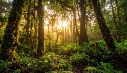 Obraz premium Sun streams in lush green cloud forest