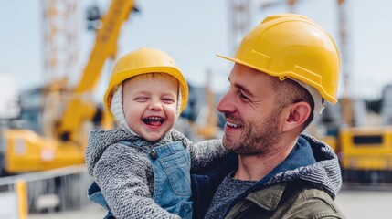 Construction Worker Father and Happy Little Girl Wea Yellow Safety Helmets at Construction Site Du Daylight