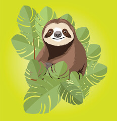 Smiling sloth relaxing in lush tropical foliage © Rafael