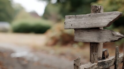 Weathered Wooden Direction Signpost on Rustic Fence in Natural Park with Green Foliage and Pathway in the Background