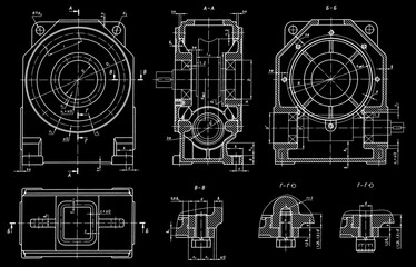Engineering mechanical drawing of steel devices
- worm gear housing (reducer, gearbox, engine)
with dimension lines.
Cad scheme on paper sheet. Technology background
of machine building industry.