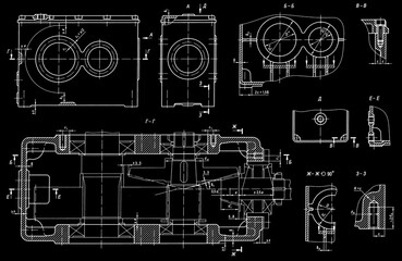 Engineering mechanical drawing of steel devices
- worm gear housing (reducer, gearbox, engine)
with dimension lines.
Cad scheme on paper sheet. Technology background
of machine building industry.