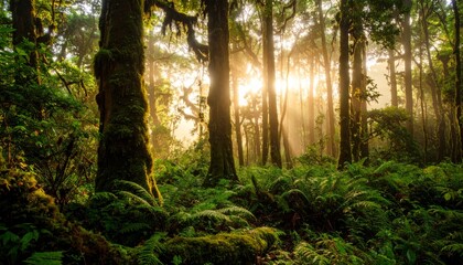 Obraz premium Sunlight streams in dense green forest