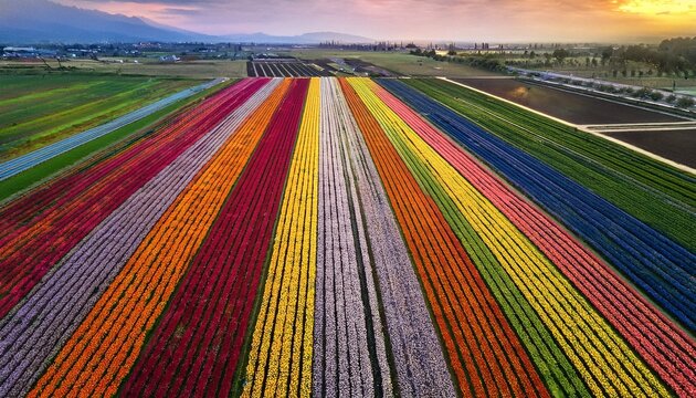 aerial view of colorful flower fields in rows and parallel lines