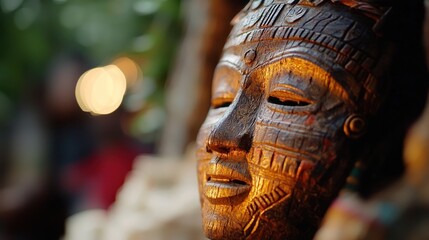 Ornate wooden mask in market setting, blurred background