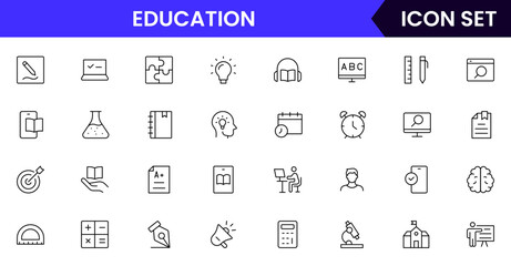 Vector line icon collection showcasing educational elements, including books, graduation caps, pencils, online learning, and classrooms, ideal for schools, e-learning, and academic platforms.