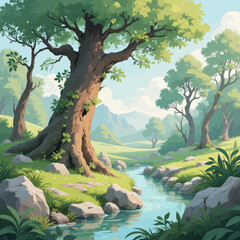 Serene Forest Stream Under Ancient Tree