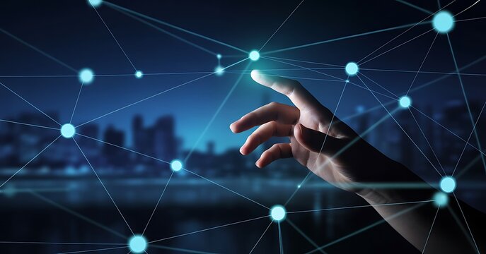 Human hand interacting with a digital network overlaying a cityscape