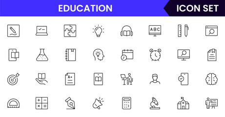 Vector line icon collection showcasing educational elements, including books, graduation caps, pencils, online learning, and classrooms, ideal for schools, e-learning, and academic platforms.