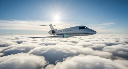Fototapeta premium Private Jet Flying - Above Clouds, Sunny Day, Luxury Travel, Executive Aviation, Exclusive Air Transport, Business Class, Freedom, Sky