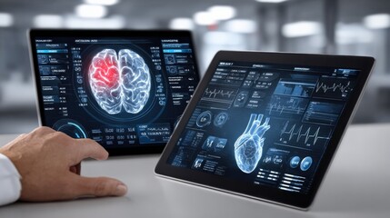 Advanced medical technology displaying detailed brain and heart health data on digital screens with futuristic interface and analytics
