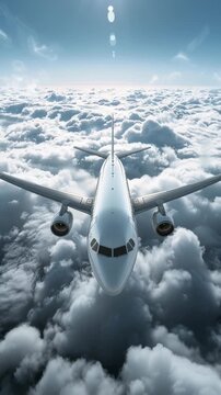 A white airplane is flying through a cloudy sky. The plane is in the middle of the clouds