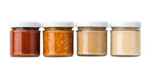 Four jars of various gourmet sauces with white lids sit in a row, delicious condiments