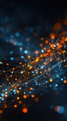 Vibrant photo of abstract tech network data connections with orange, blue glowing dots, lines. Artificial intelligence neural network, machine learning, cloud computing.