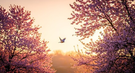 Serene Sunrise: Bird in Flight Amidst Blooming Pink Cherry Blossoms
