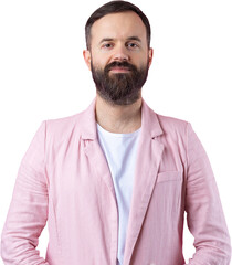 Handsome man with a beard in a pink jacket is thinking over an isolated red background.