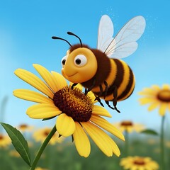 Cheerful Cartoon Bee on Yellow Flower; Summer Meadow, 3D Render, Bright