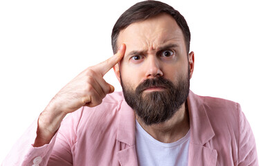 Fototapeta premium Handsome man with a beard in a pink jacket is thinking over an isolated red background.