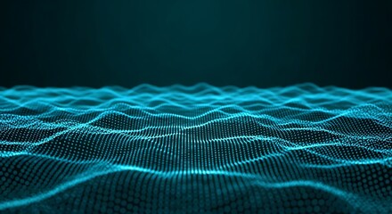 A mesmerizing digital wave of glowing blue particles creates an abstract, futuristic background, suggesting data flow and technological advancement