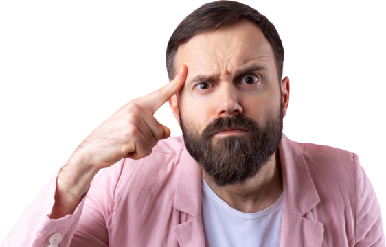 Handsome man with a beard in a pink jacket is thinking over an isolated red background. - Powered by Adobe