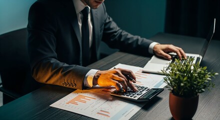 A businessman in a suit uses a calculator and a laptop while reviewing financial documents on a desk.