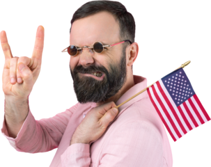 Portrait of a satisfied young man with a beard with an American flag on a red studio background. Great US patriot and defender of freedom.
