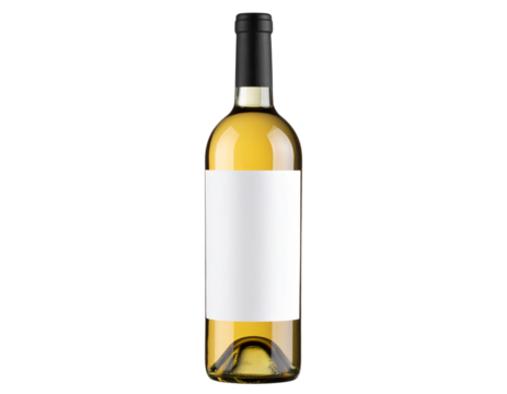 Transparent wine bottle with blank label and cork, isolated on a transparent background