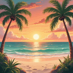 Fototapeta premium Tropical Sunset Serenity: Palm Trees and Calm Waves
