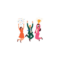 Joyful business team celebrating significant success and achievement, jumping high with a golden trophy and colorful confetti.