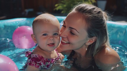 Happy young mother and adorable baby girl enjoying a fun day in swimming pool with colorful inflatables and bright sunny outdoor setting