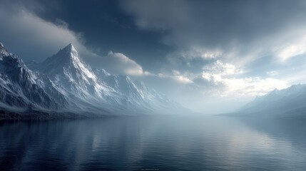 Breathtaking view of snow-capped mountain peaks and calm reflective lake under dramatic cloudy sky du daytime