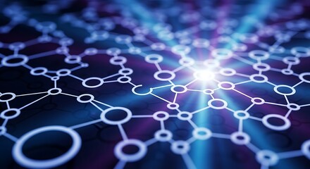 Obraz premium A vibrant abstract network of interconnected glowing circles and lines, illuminated by a bright central light, symbolizing data transfer and technological advancement