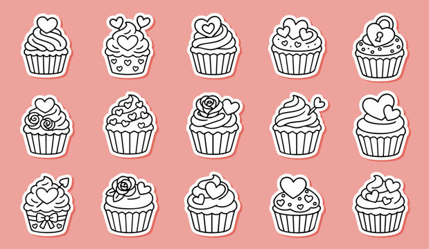 Valentines Day cupcakes sticker set, decorated with hearts, roses, arrows, and bows, cute and simple style. For romantic or festive designs, Valentine cards, stickers, invitations, bakery branding