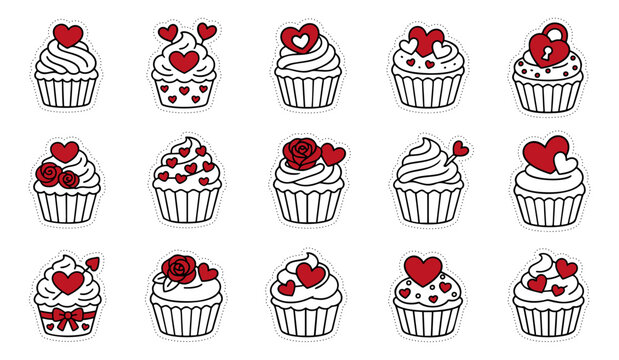 Valentines Day cupcakes set, decorated with hearts, roses, arrows, and bows, cute and simple style. For romantic or festive designs, Valentine cards, stickers, invitations, packaging, bakery branding