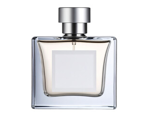 Luxury perfume bottle with metallic cap and blank label, isolated on a transparent background