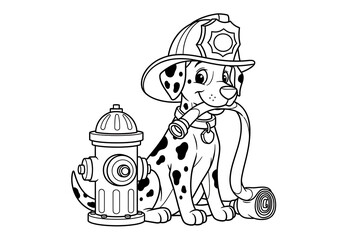 Kids coloring page cartoon firefighter Dalmatian with helmet and hose