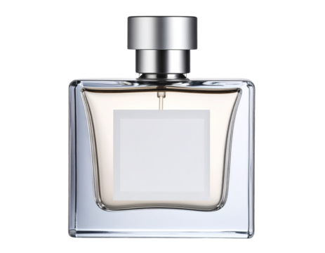 Luxury perfume bottle with metallic cap and blank label, isolated on a transparent background