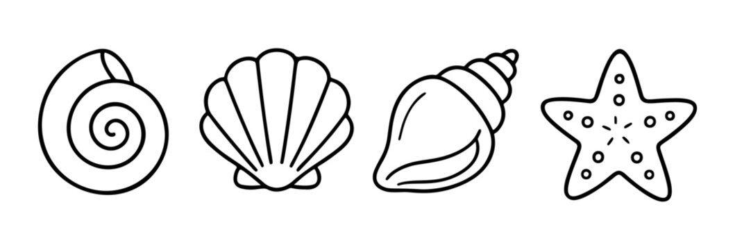 Spiral seashell, scallop shell, conch shell, and a starfish black and white marine icons set. clean, outline, line art style. For coloring books, surf shop, tattoo templates, web icons, prints. Vector