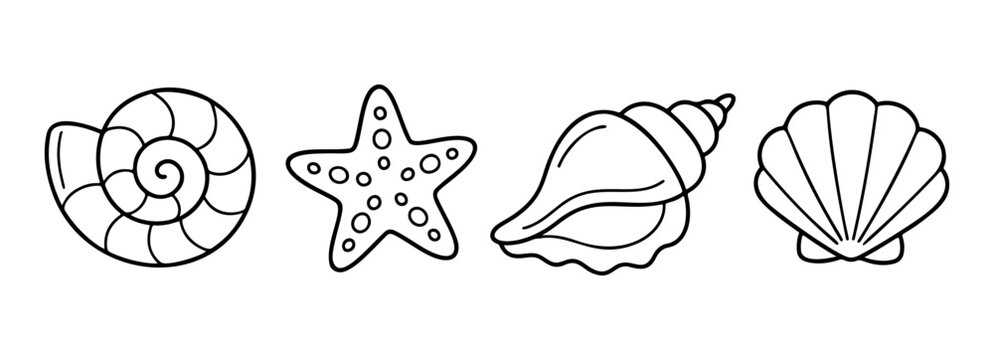 Spiral seashell, scallop shell, conch shell, and a starfish black and white marine icons set. clean, outline, line art style. For coloring books, surf shop, tattoo templates, web icons, prints. Vector