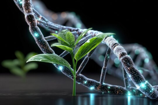 Close-up of a vibrant green plant growing amidst glowing digital DNA strands and futuristic light effects on dark background