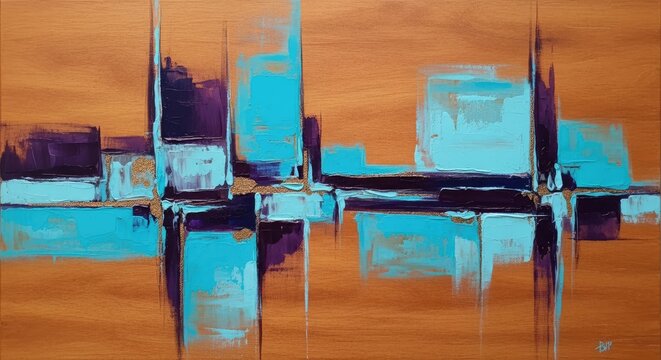 Abstract painting with gold, teal, and purple geometric shapes