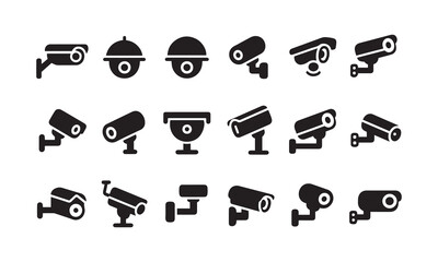 Security Camera Vector Icon Set – Dome, Bullet, and Wall-Mounted Styles in Black Outline